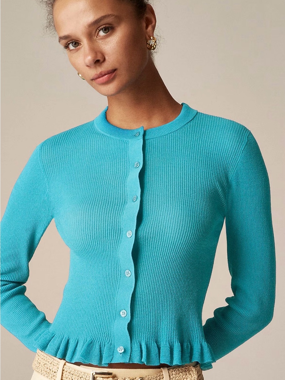 J. Crew Aqua Gauze Ribbed Button-Front Sweater like new size M